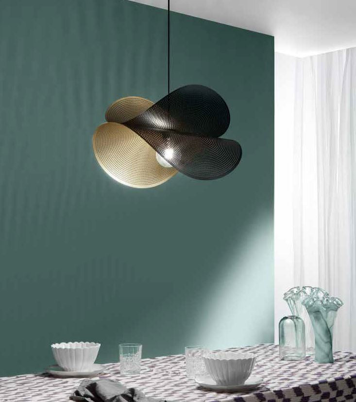 Sospensione doppia vela in metallo forato nero e oro-bianco-oro 1XE27 non incl. RHEI Sospensione doppia vela in metallo forato nero e oro-bianco-oro 1XE27 non incl. RHEI
